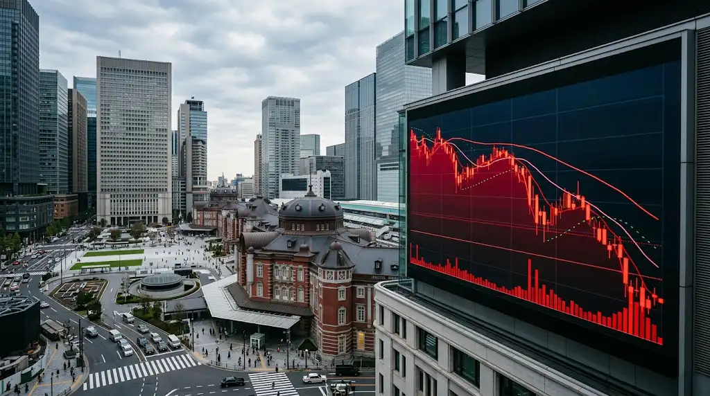 東京の都市風景と下落チャートを組み合わせ、日本株への半導体売り波及と日経平均への影響を表現したイメージ