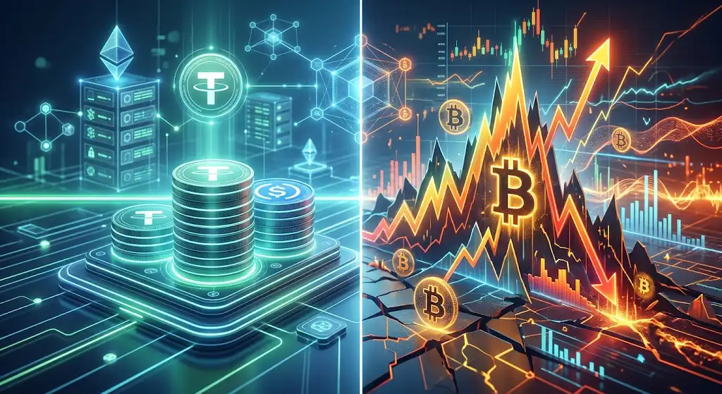 価値が安定しやすいステーブルコインと価格変動の大きいビットコインを比較したイメージ