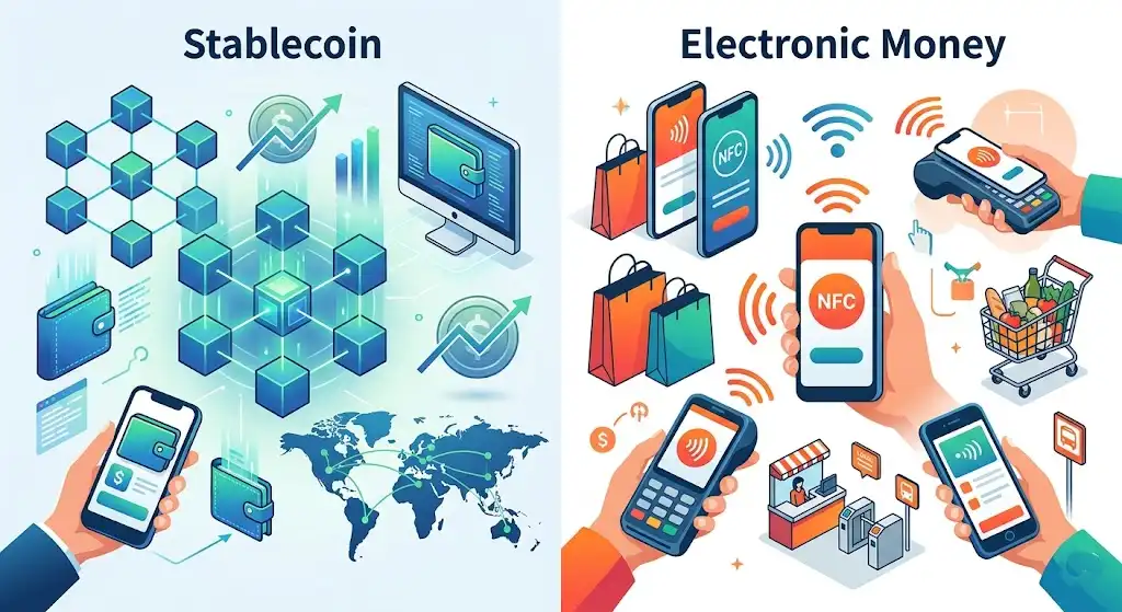 ブロックチェーン型のステーブルコインと日常決済で使われる電子マネーを比較したイメージ