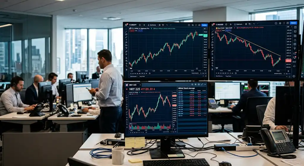 ドル円・金価格・日経平均の3市場が米CPIや米金利を受けて同時に揺れる今週の市場全体を表した金融イメージ