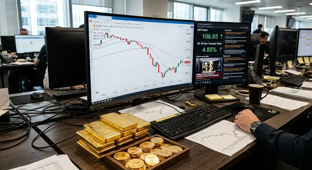米金利上昇とドル高を受けて急落後の下げ止まりが注目される金価格市場を表したイメージ