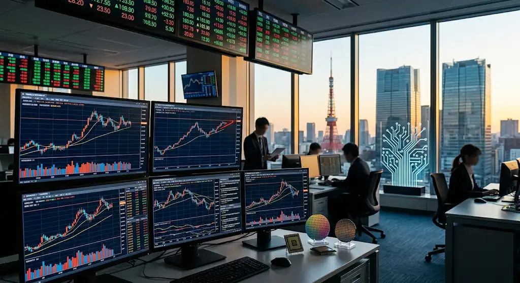 米ハイテク株安とドル円160円台の介入警戒を受けて高値圏で調整する日経平均を表した市場イメージ