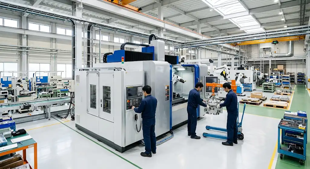 工場に新しい大型機械を導入し、企業が設備投資によって生産体制を強化している写真風イメージ