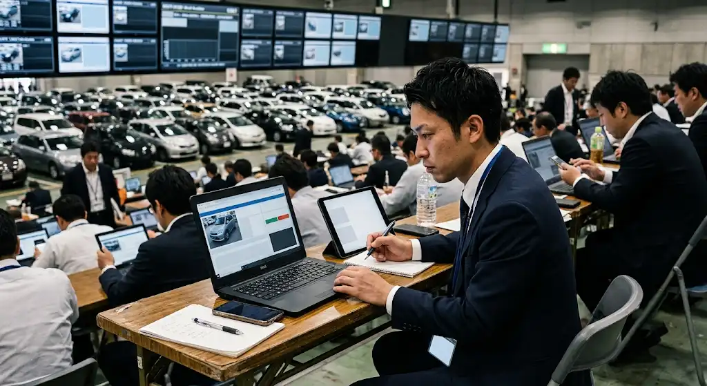 中古車オークションで仕入れ候補の車両を確認しているイメージ