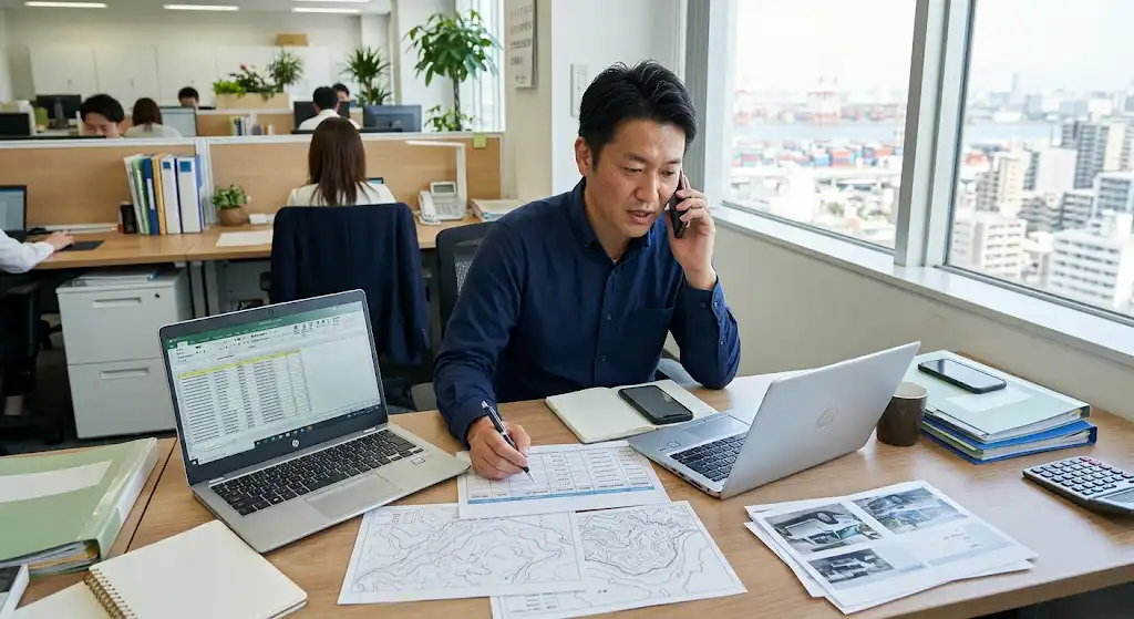 フォワーダーや船会社へ電話で輸送予約をしているイメージ