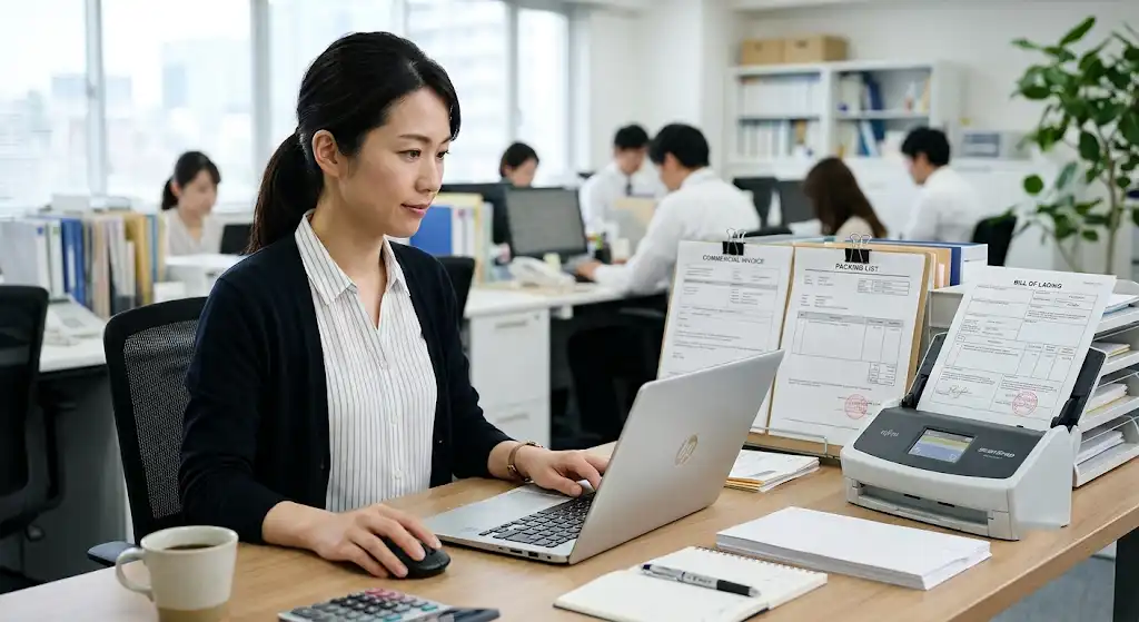 船積書類をメールで買主へ送付しているイメージ